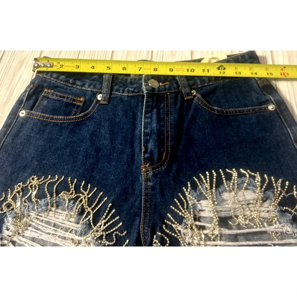 NWT Denim Blvd Bedazzled Distressed Bling Dark‎ Denim Shorts Blue Size SMALL